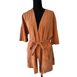 CAMEL BROWN SHORT SLEEVE TIE WAIST CARDIGAN